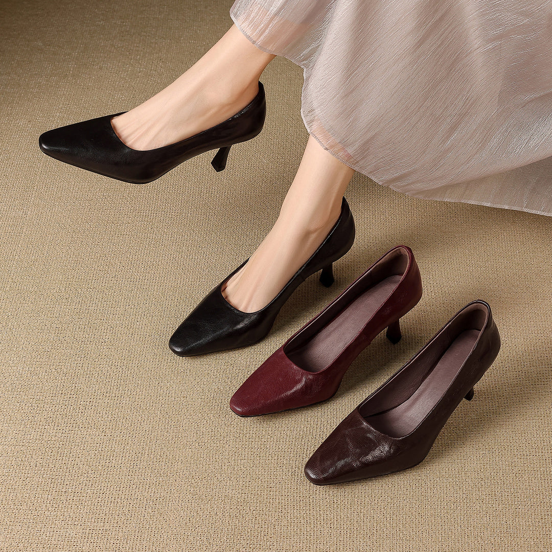 Cleva Genuine Leather Square-Toe Heels