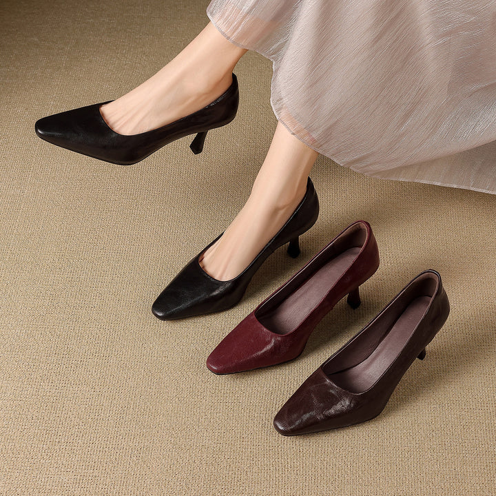 Cleva Genuine Leather Square-Toe Heels