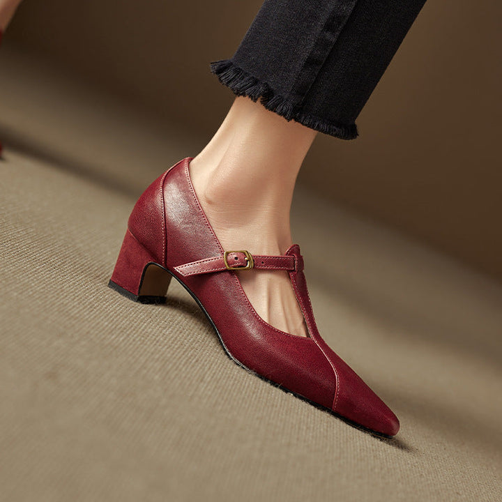 Rovena Genuine Leather T-Strap Heel Pumps
