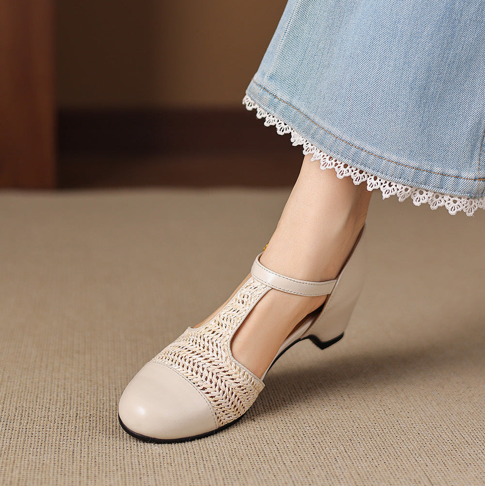 Julie Genuine Leather T-Strap Woven Heels