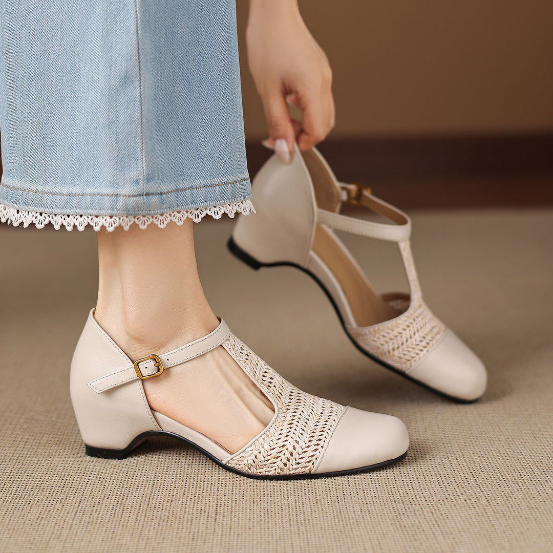 Julie Genuine Leather T-Strap Woven Heels