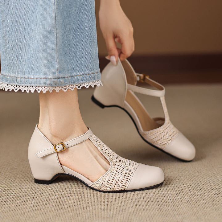 Julie Genuine Leather T-Strap Woven Heels