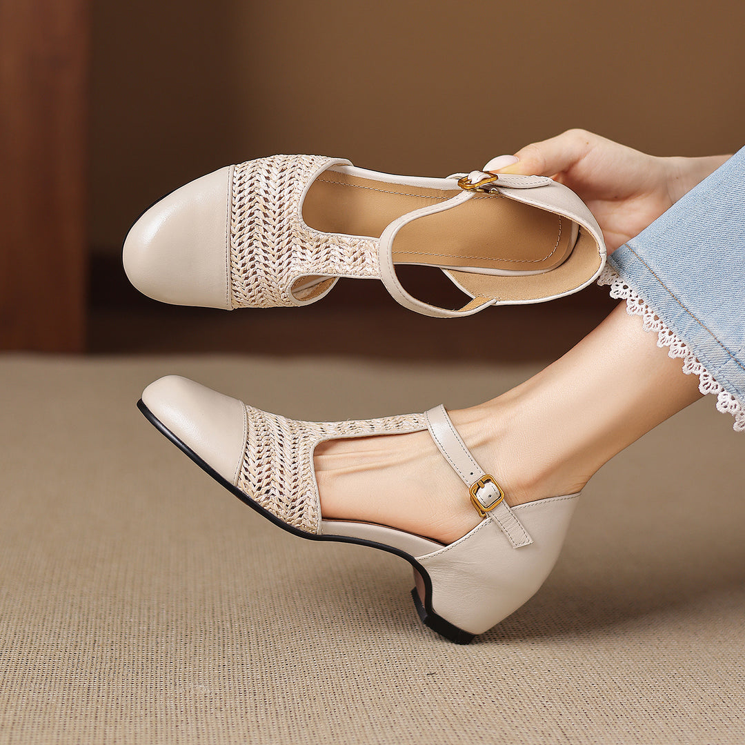 Julie Genuine Leather T-Strap Woven Heels