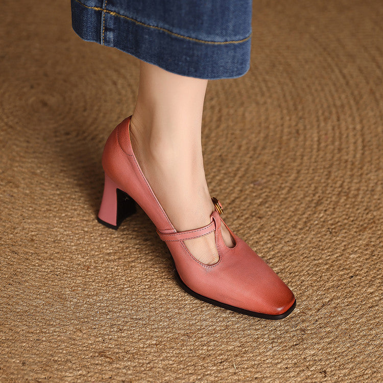 Elodie Genuine Leather T-Strap Heel Pumps