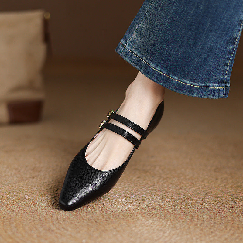 Noel Genuine Leather Dual-Strap Mary Jane Flats