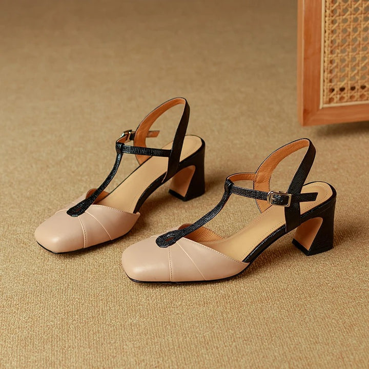 Olaya Genuine Leather T-Strap Slingback Heels