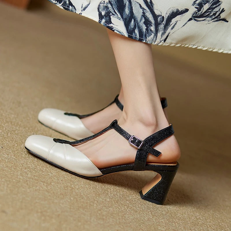 Olaya Genuine Leather T-Strap Slingback Heels