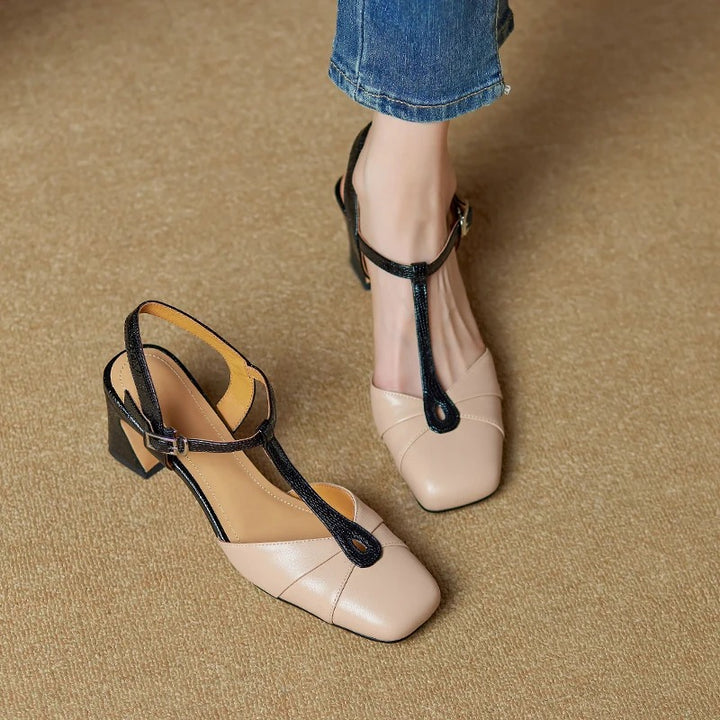 Olaya Genuine Leather T-Strap Slingback Heels