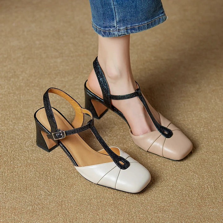 Olaya Genuine Leather T-Strap Slingback Heels