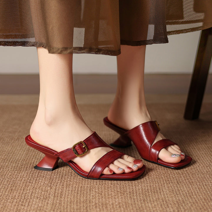 Kiara Genuine Leather Open-Toe Mule Heels