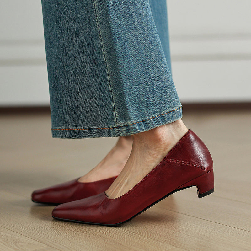 Olga Genuine Leather Square-Toe Heel Pumps