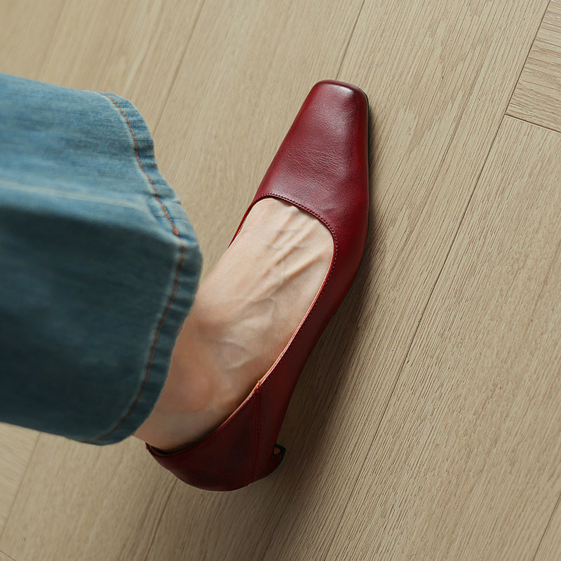 Olga Genuine Leather Square-Toe Heel Pumps