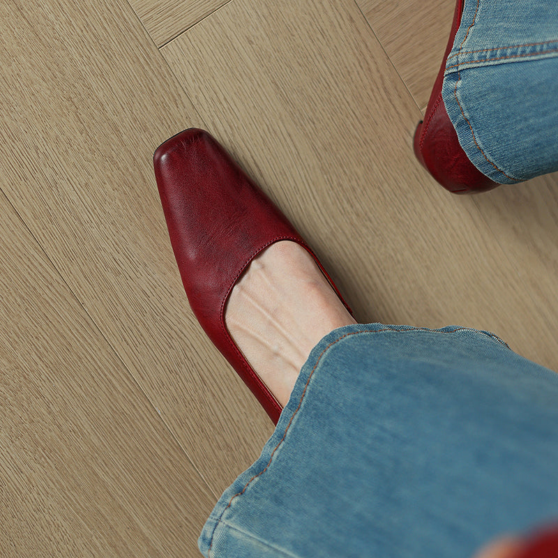 Olga Genuine Leather Square-Toe Heel Pumps