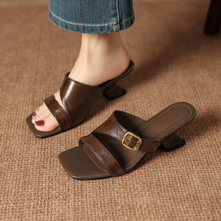 Kiara Genuine Leather Open-Toe Mule Heels