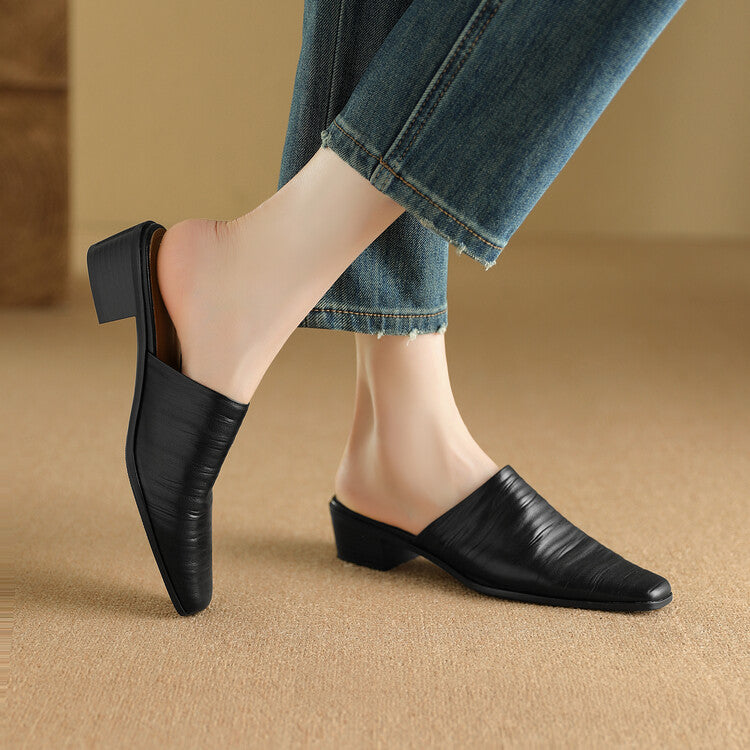 Oliva Genuine Leather Square-Toe Mules
