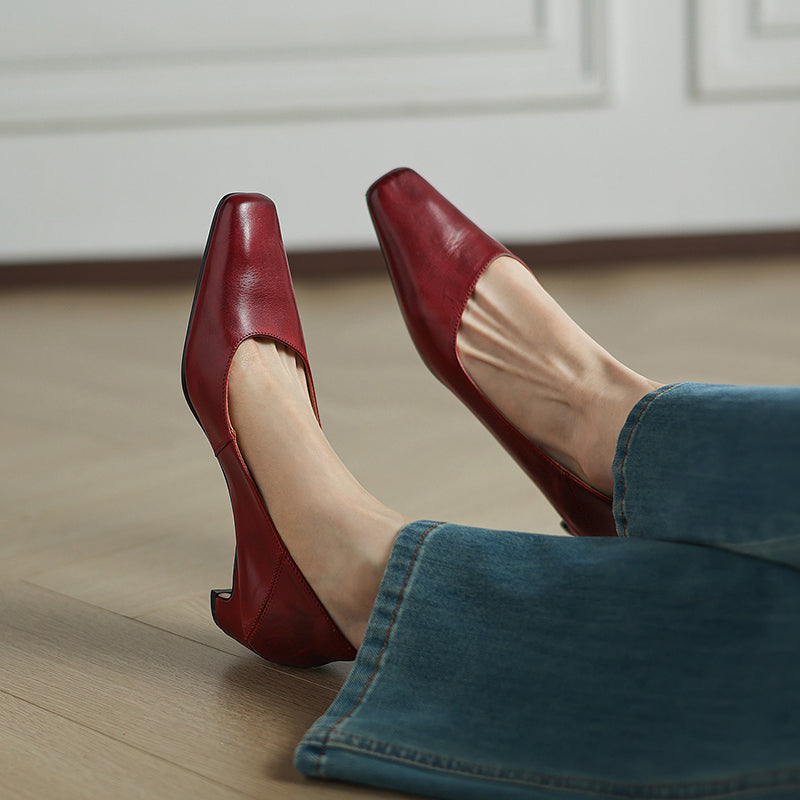 Olga Genuine Leather Square-Toe Heel Pumps