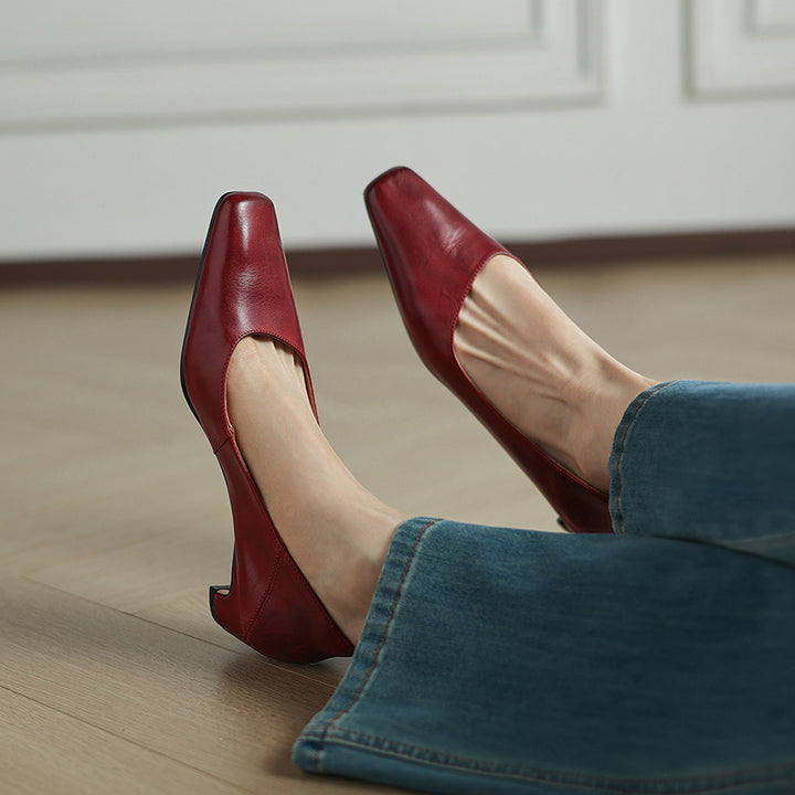 Olga Genuine Leather Square-Toe Heel Pumps