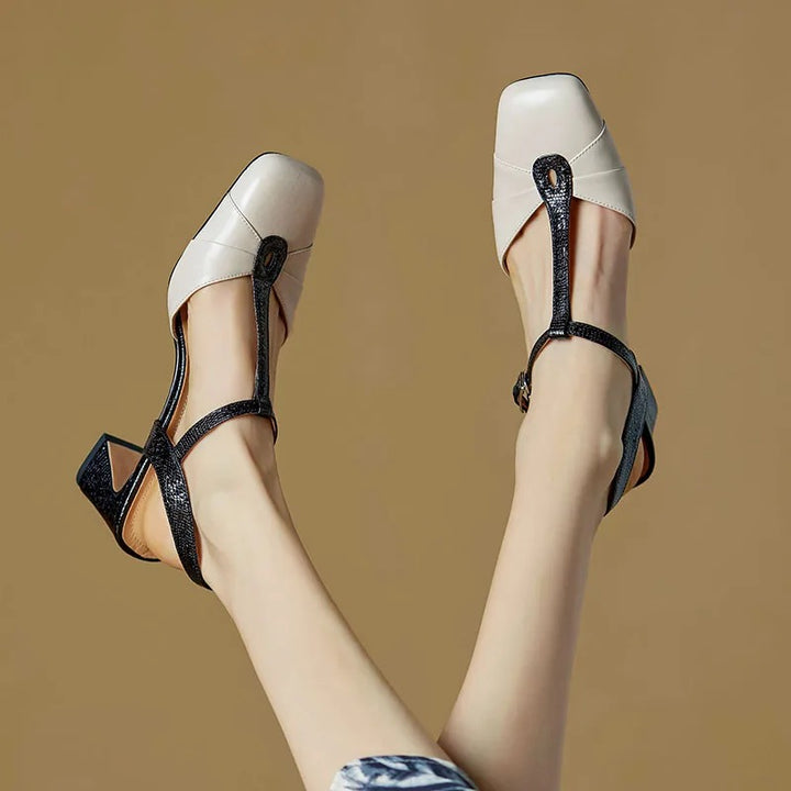 Olaya Genuine Leather T-Strap Slingback Heels