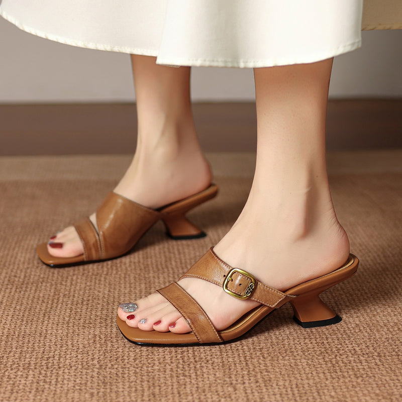 Kiara Genuine Leather Open-Toe Mule Heels