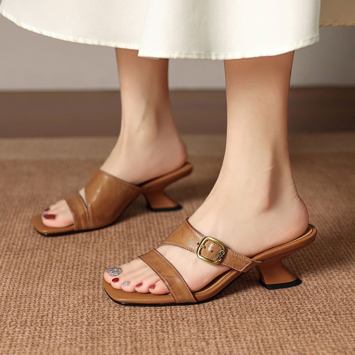 Kiara Genuine Leather Open-Toe Mule Heels