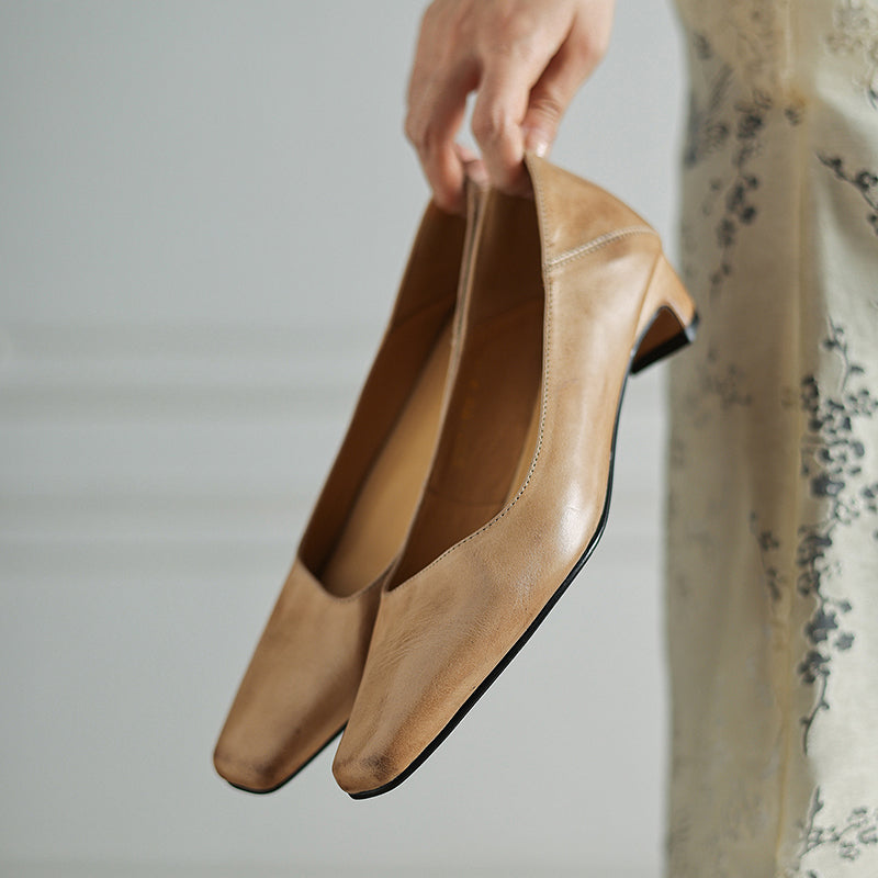 Olga Genuine Leather Square-Toe Heel Pumps