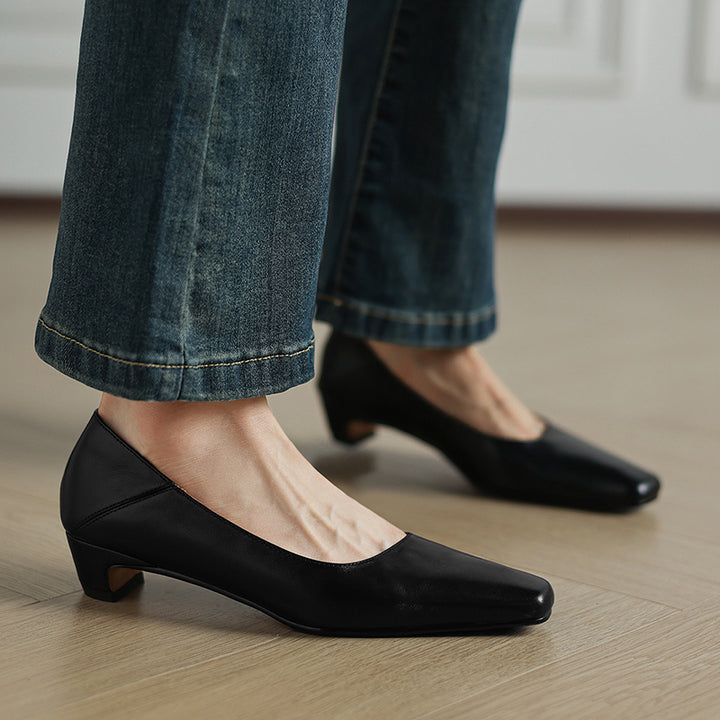Olga Genuine Leather Square-Toe Heel Pumps