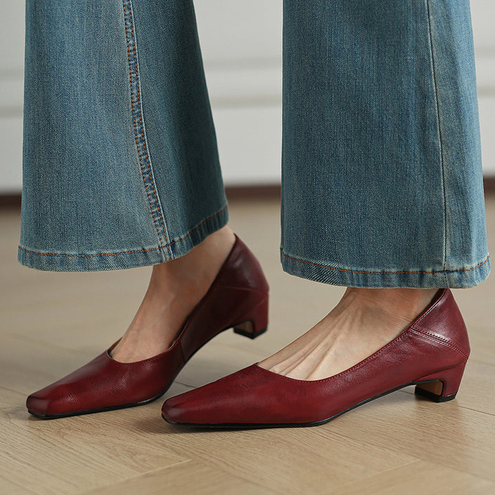 Olga Genuine Leather Square-Toe Heel Pumps