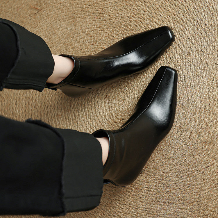 Nolia Genuine Leather Square-Toe Boots