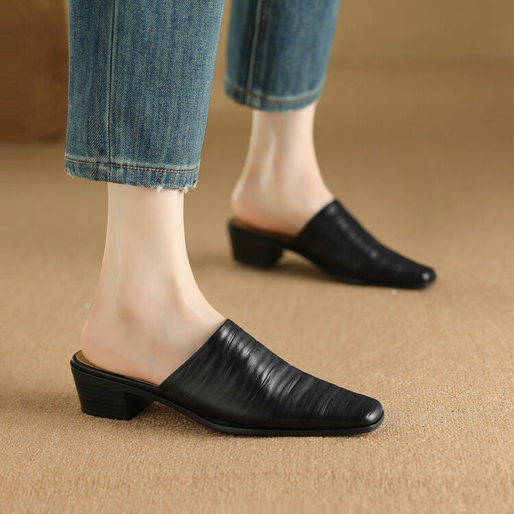 Oliva Genuine Leather Square-Toe Mules