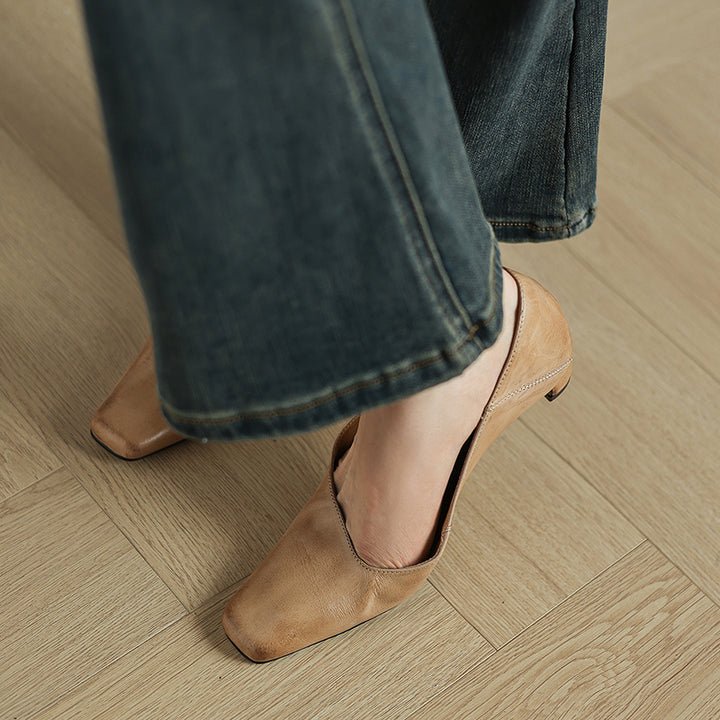 Olga Genuine Leather Square-Toe Heel Pumps