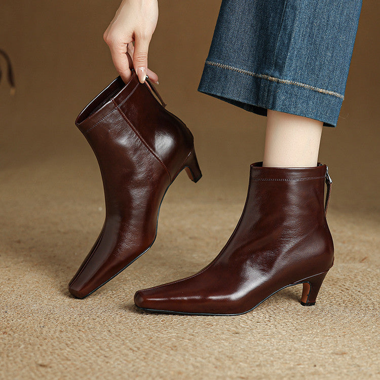 Nolia Genuine Leather Square-Toe Boots