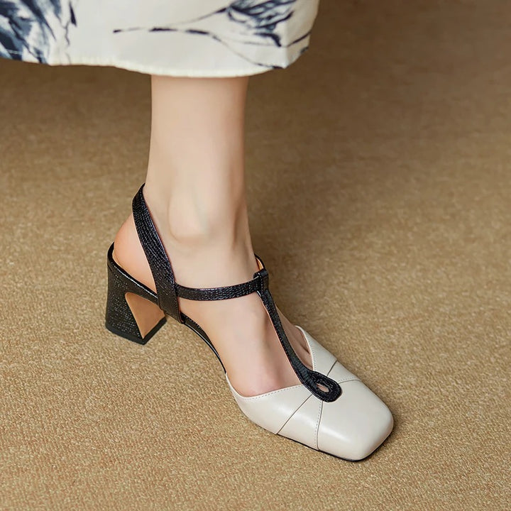 Olaya Genuine Leather T-Strap Slingback Heels