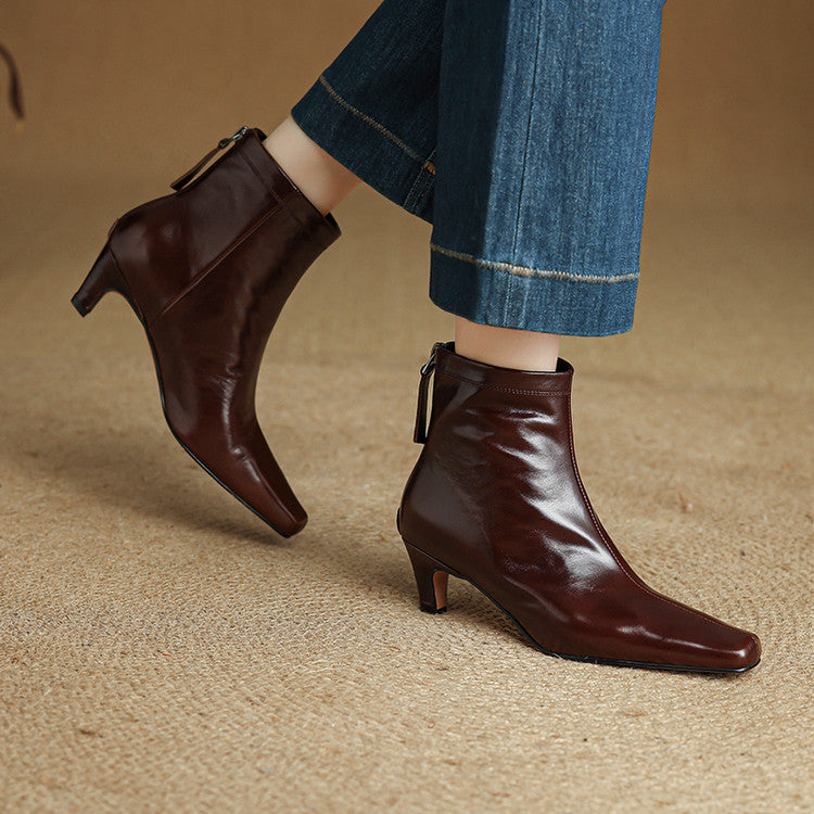 Nolia Genuine Leather Square-Toe Boots