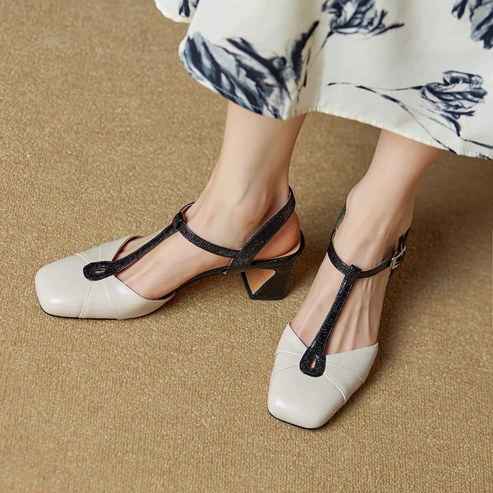Olaya Genuine Leather T-Strap Slingback Heels
