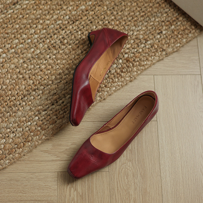 Olga Genuine Leather Square-Toe Heel Pumps