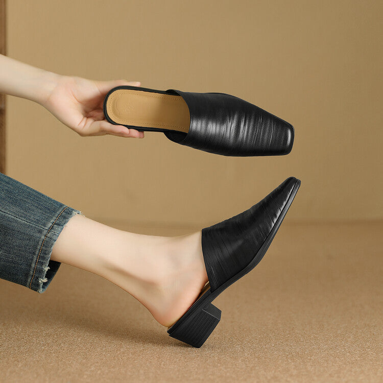 Oliva Genuine Leather Square-Toe Mules