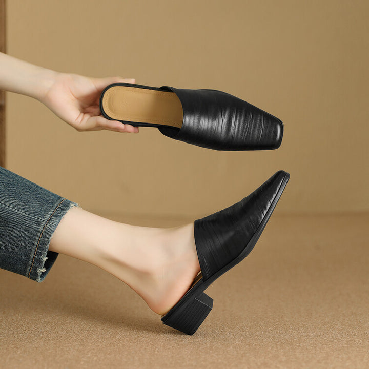 Oliva Genuine Leather Square-Toe Mules