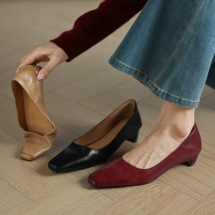 Olga Genuine Leather Square-Toe Heel Pumps