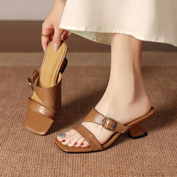 Kiara Genuine Leather Open-Toe Mule Heels
