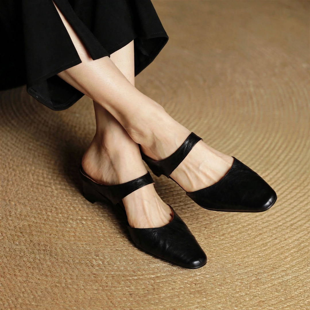 Cavie Genuine Leather Square-Toe Mules