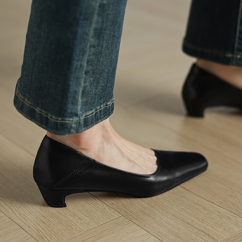 Olga Genuine Leather Square-Toe Heel Pumps