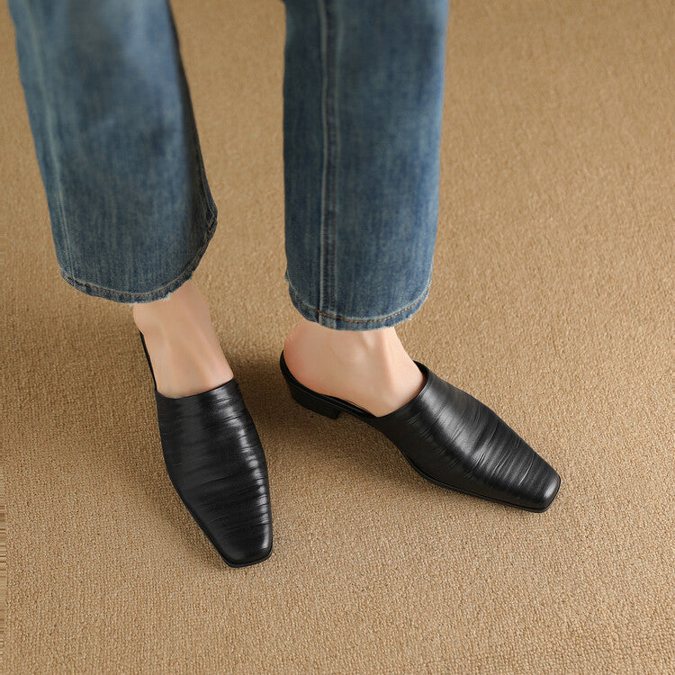 Oliva Genuine Leather Square-Toe Mules