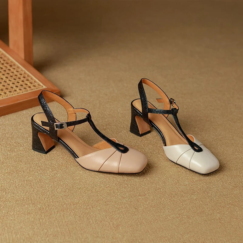 Olaya Genuine Leather T-Strap Slingback Heels