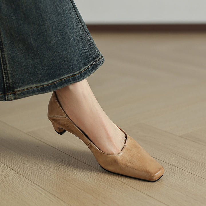 Olga Genuine Leather Square-Toe Heel Pumps