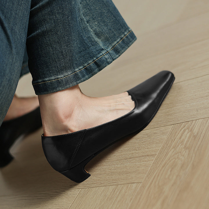 Olga Genuine Leather Square-Toe Heel Pumps