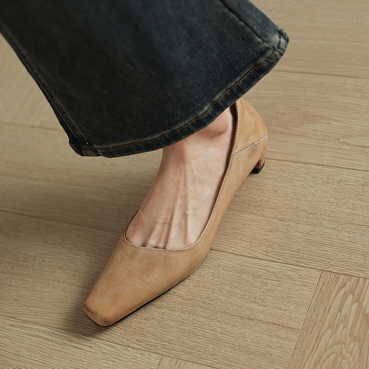 Olga Genuine Leather Square-Toe Heel Pumps