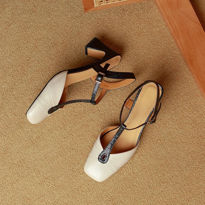 Olaya Genuine Leather T-Strap Slingback Heels