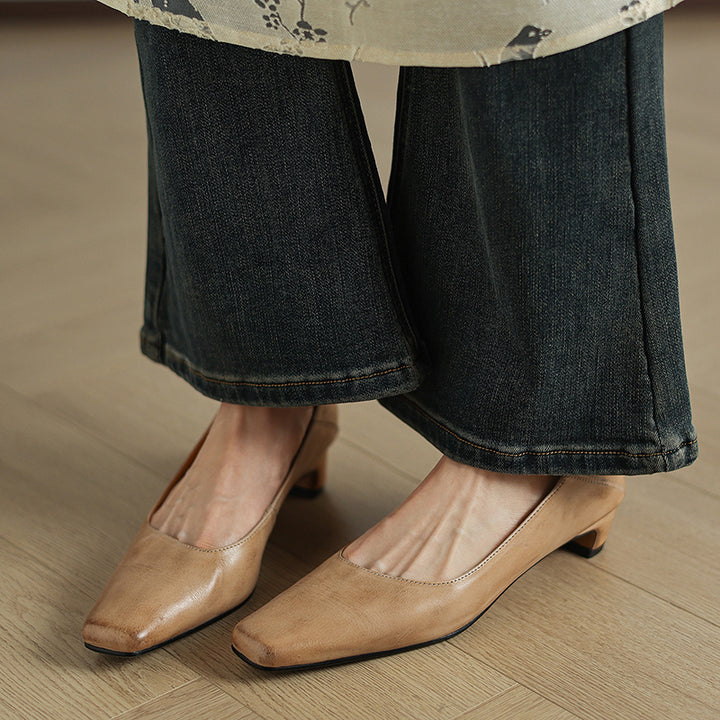 Olga Genuine Leather Square-Toe Heel Pumps