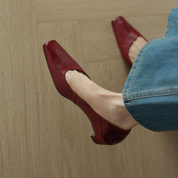 Olga Genuine Leather Square-Toe Heel Pumps