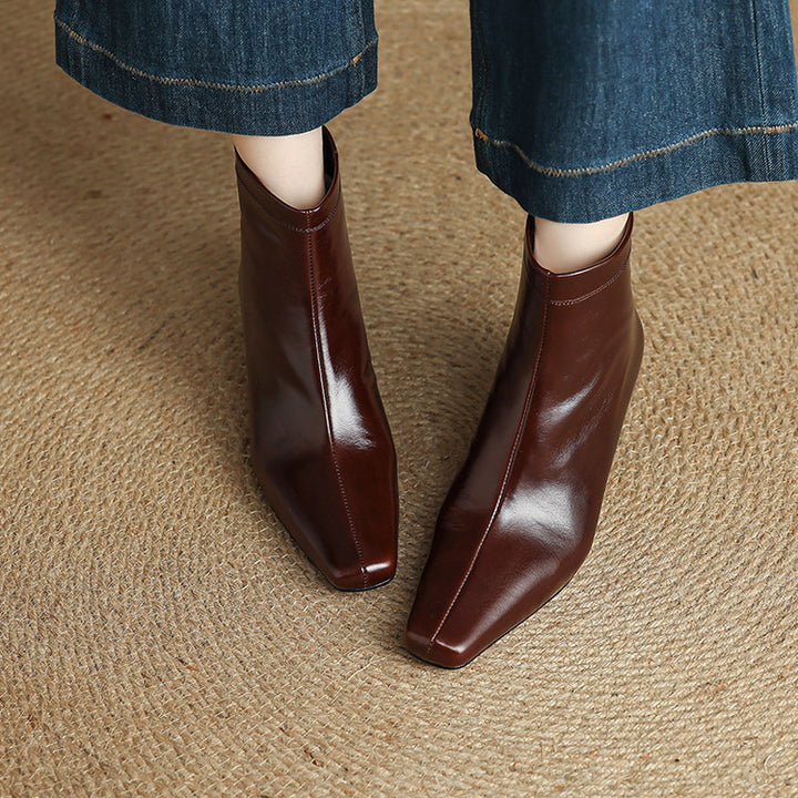 Nolia Genuine Leather Square-Toe Boots